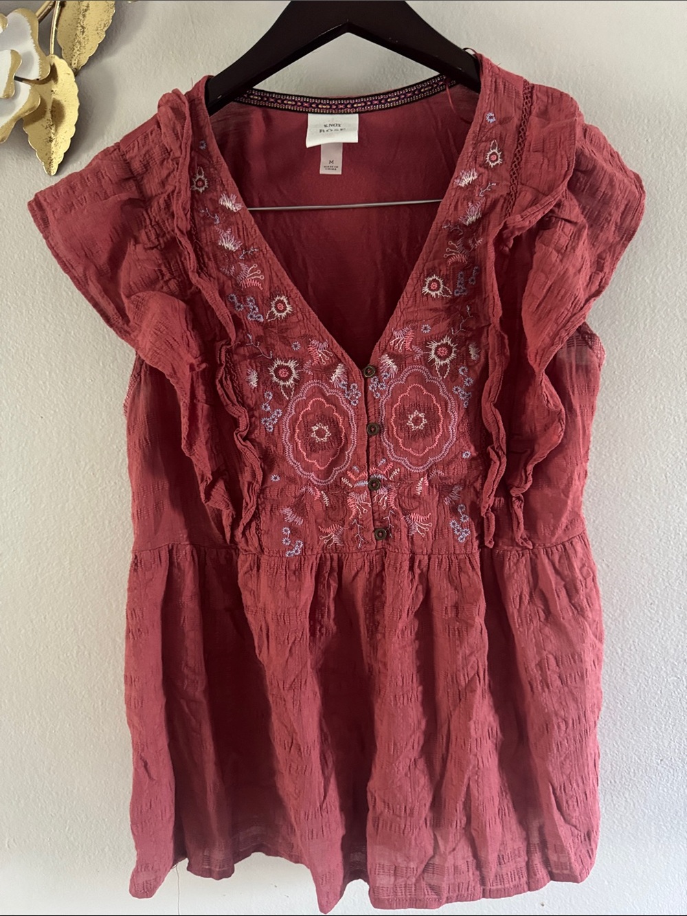 Knox Rose Rust Red Embroidered V-Neck Ruffle Tunic
